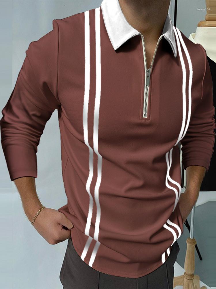Men&#039;s Polos Autumn Men Casual POLO Fashion Stripe Turn-down Collar Slim Long Sleeve Tops 2022 Clothing S - 3XL