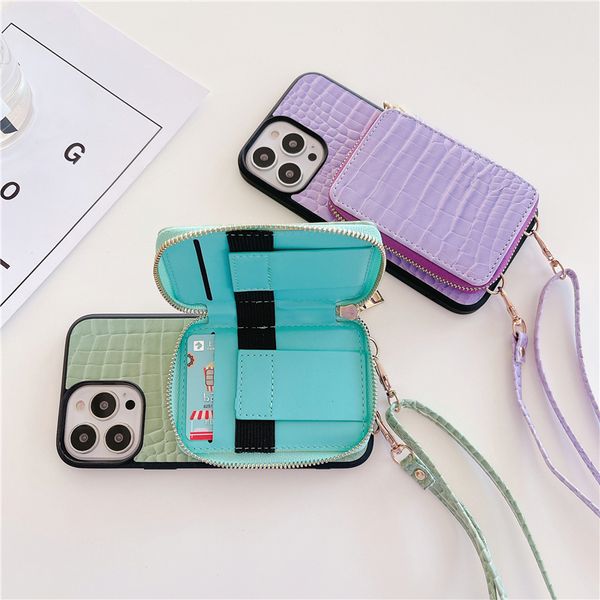 Luxury Crossbody Crocodile Grain Leather Zipper Folio Vogue Phone Case for iPhone 14 13 12 11 Pro Max XR XS 7 8 Plus SE3 Sturdy Multiple Car