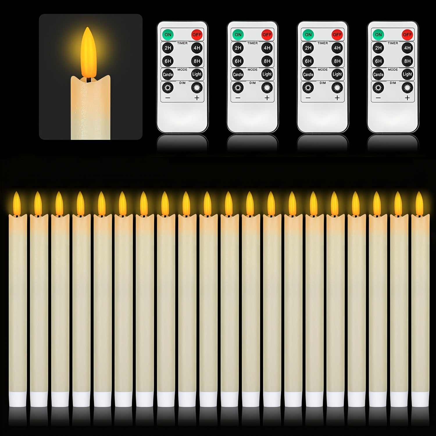 TEMU 20pcs Flameless Led Taper Candles With Remote, Battery-powered Flickering Flame Effect, Real Wax For Christmas, Weddings, And Parties - Ivory
