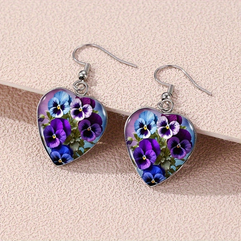 TEMU [metallic ] Chic Heart-shaped Earrings With Violet - Stainless Steel, , Casual Attire & Gifting, Y2k-bohemian Style, Glass Material, Novelty