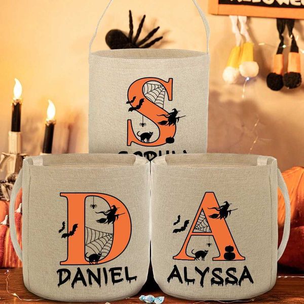 Personalized Trick or Treat Bag Letter with Name Child Candy Bucket Bags Halloween Party Ghost Bat Tote Basket Bag Gift for KidsM240817