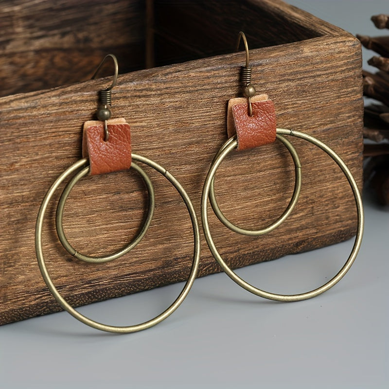 TEMU Women's Vintage Bohemian Hoop Earrings - Large Hoops With & Brown Leather-like Texture, Durable Alloy Construction