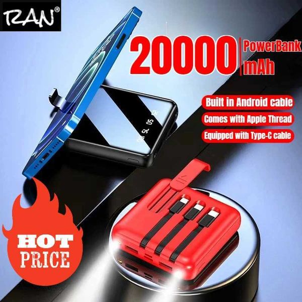 Cell Phone Power Banks 20000mAh Mini Power Bank Built in Cable Portable Charger Full Mirror Screen Powerbank External Battery Pack Power Ban