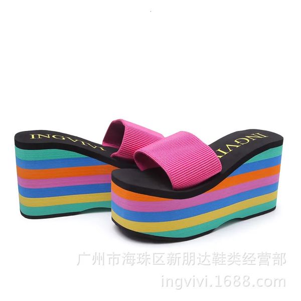 summer womens sandals rainbow wedge beach flip family slippers womens outdoor high heels non slip soft Zapatos cream 240612