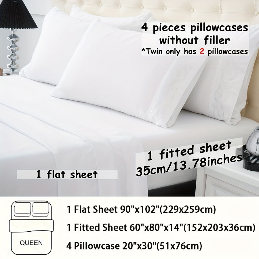 TEMU 4-6pcs Solid Color Microfiber Bedding Set 100gsm 2-4 Embroidery Swirl Pillowcase 1 Flat Sheet 1 Fitted Sheet With 13.78 Inch Deep Pocket For