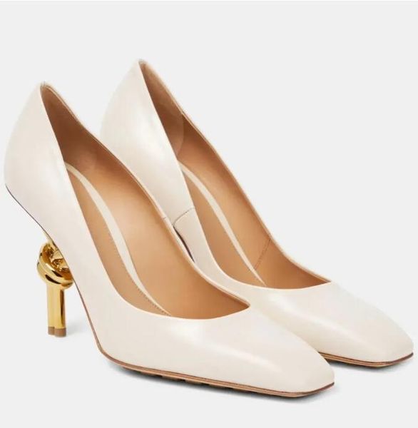 2024 Leather Dress Shoes Gold Finished Metal Knot Heel Pumps Square Toe Soft Lambskin Leather Lady Party Wedding Sandals Shoes EU35-43 With