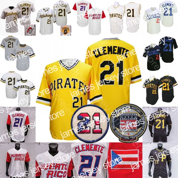 Baseball Jerseys Roberto Clemente Jersey 21 Flag Hall Of Fame Patch 1971 White Black Cream Retro Hemp Grey Pullover Button Turn Back Fans Pl