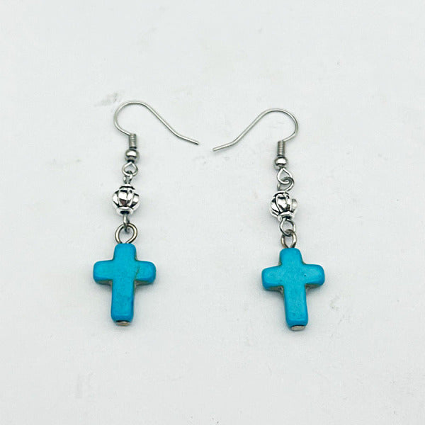 Boucles d'oreilles pendantes en croix turquoise synthétique et alliage