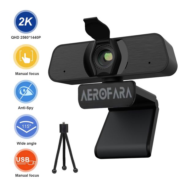 2K Computer Webcam with Microphone Cover USB Web Camera with Privacy for Calls-Conference, Zoom - Skype - YouTube, Laptop - Desktop