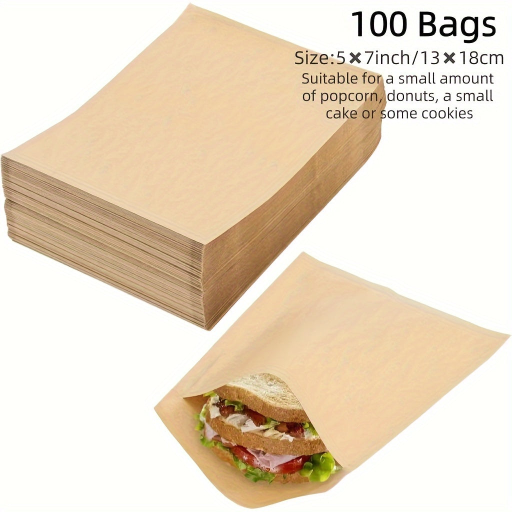 TEMU 3×5-4×6-5×7-6×9 Inch Brown Paper Cookie Bags, 50- Unbleached Small Baking Paper Bags, Built-in Oil-proof Film, Used To Decorate Snacks, Baked