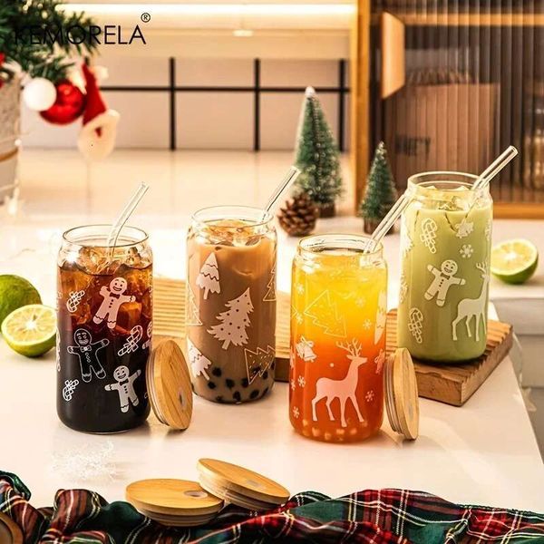 1PCS Christmas Glass Cup Beer Can Coffee Mugs With Lid And Straw Xmas Tree Elk Tumbler 470ML Drinking Glassware Drinkware Gifts