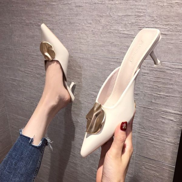 Pointed High-Heeled Sandals, Thin Heels, Shallow Mouth Girl&#039;s Wind Bag Head Half-Drag Daily Casual Shoes
