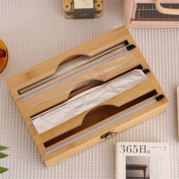 Other Kitchen Tools 3 In 1 Bamboo Wrap Dispenser Storage For Aluminum Foil With Cutter Cling Film Holder Accessories 230719