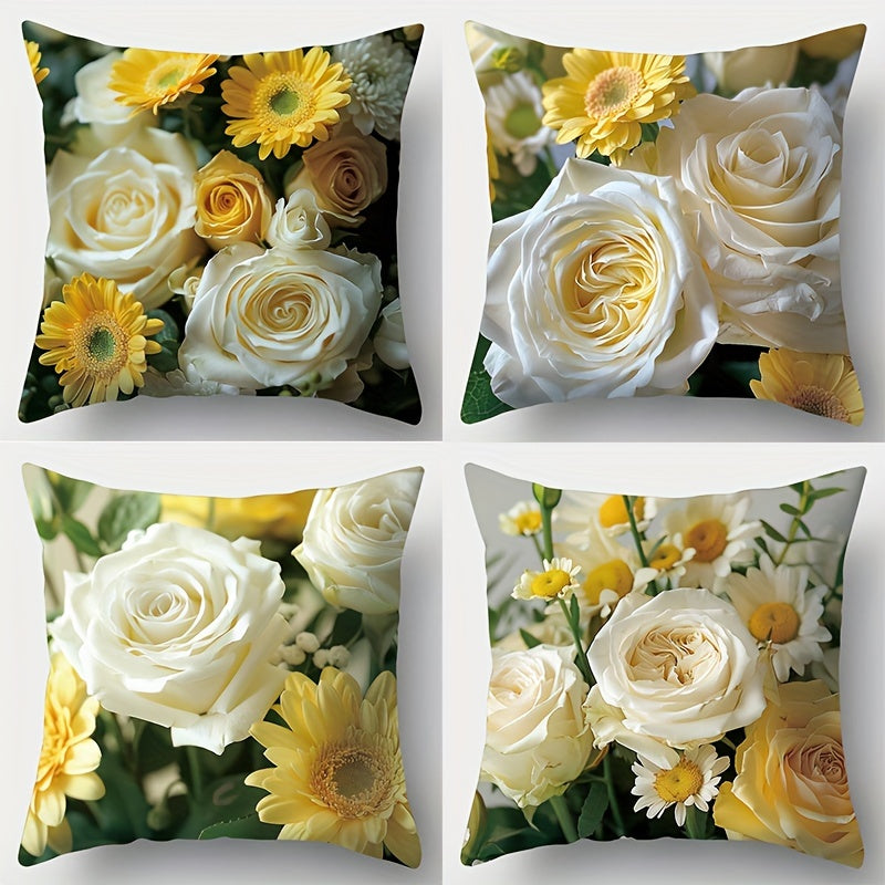 TEMU 4pcs, New Yellow And Scheme Fresh Flower Pattern Pillowcase, Single-sided Printing, 17.72 * 17.72 Inches (45 * 45cm), Suitable For Living Room,