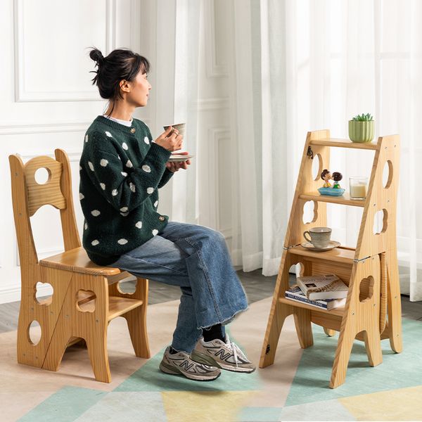 Ins Solid Wood Ladder Chair Storage Climbing Steps Bamboo Foldable Ladder Multi-functional Household 2 Steps Stool