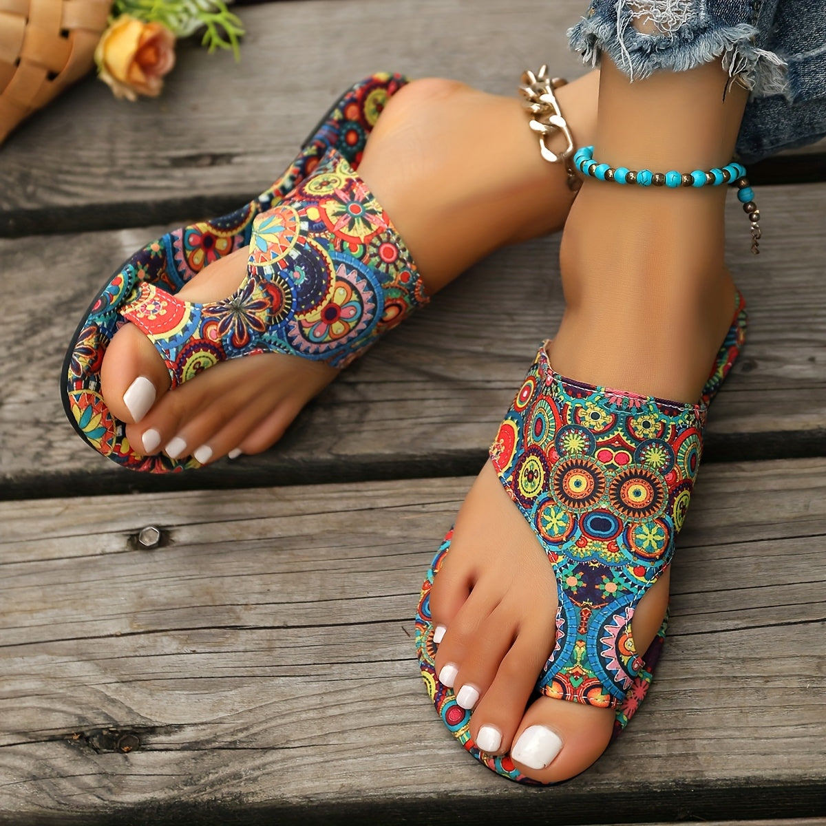 TEMU Women's Bohemian Floral Pattern Slippers Sandals, Casual Ring Toe Flat Summer Shoes, Lightweight Slippers