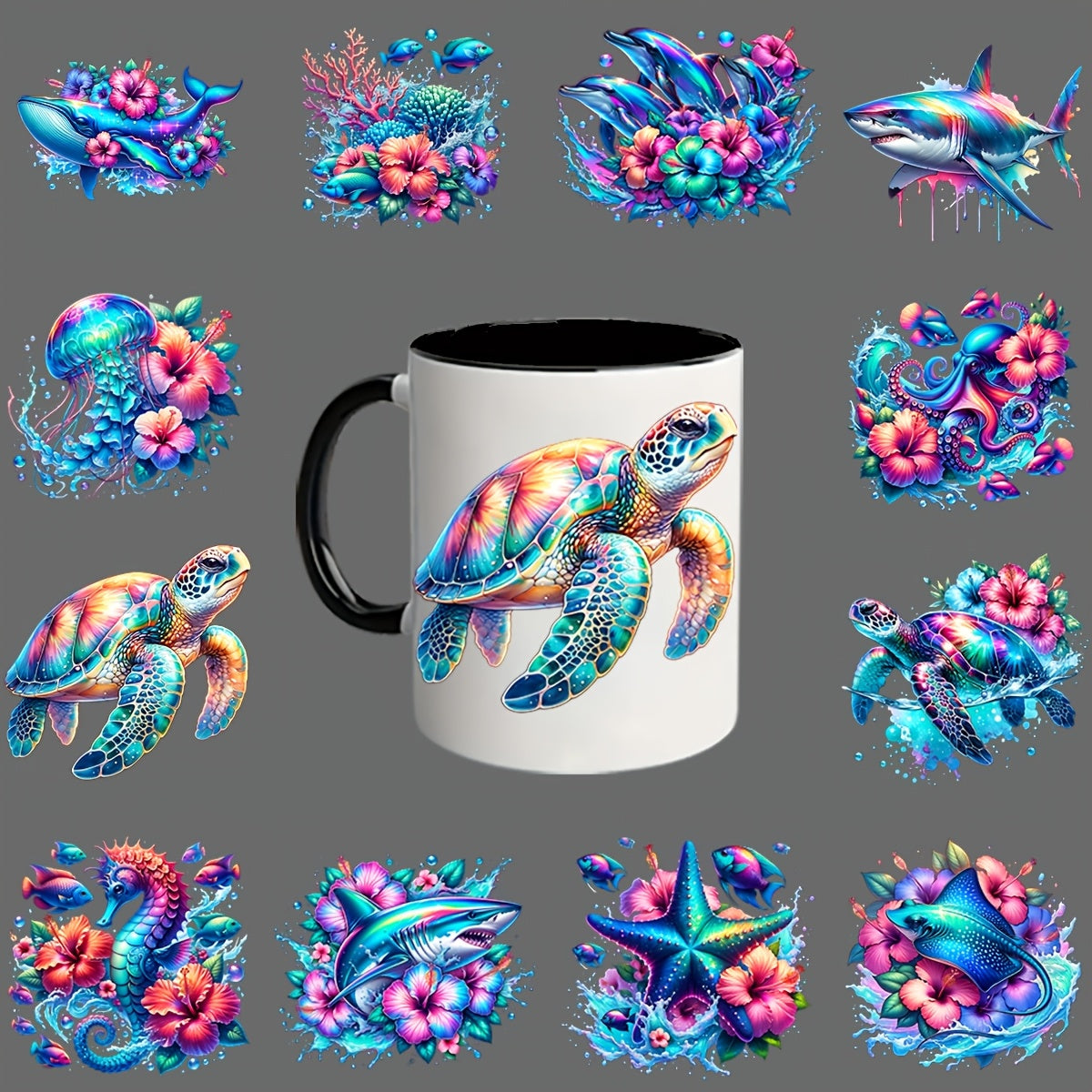 TEMU 12pcs Set Of Marine Animal Uv Dtf Wrap Decals, Self-adhesive Printed Dtf Transfer Stickers, Suitable For Mugs, 40oz Tumblers, Bottles, School