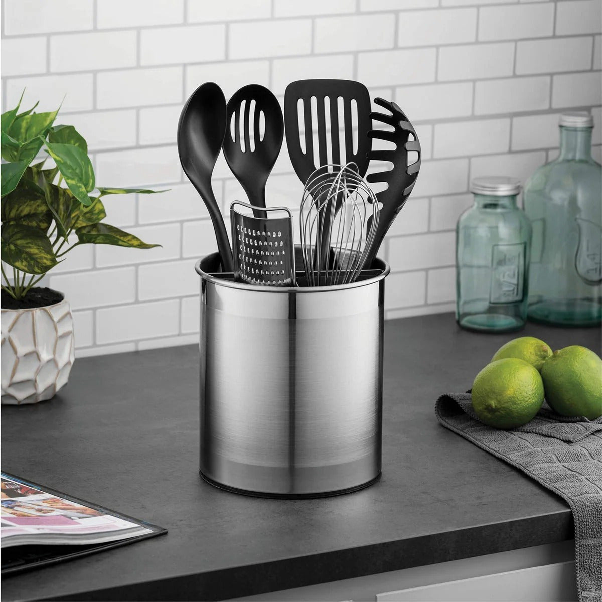 TEMU Rotating Utensil Crock With Weighted Base For , Stainless Steel Utensil Caddy With Removable Divider,