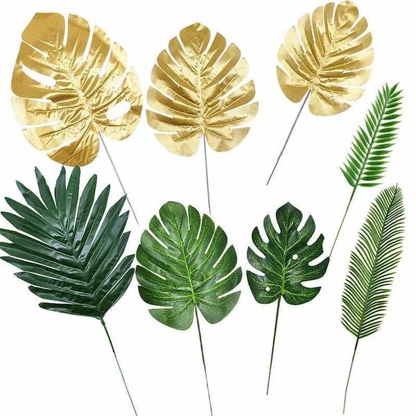 Artificial gold green turtle leaves dispersed tails silk plants wedding birthday party home decoration palm leaves -10 pieces Y250114