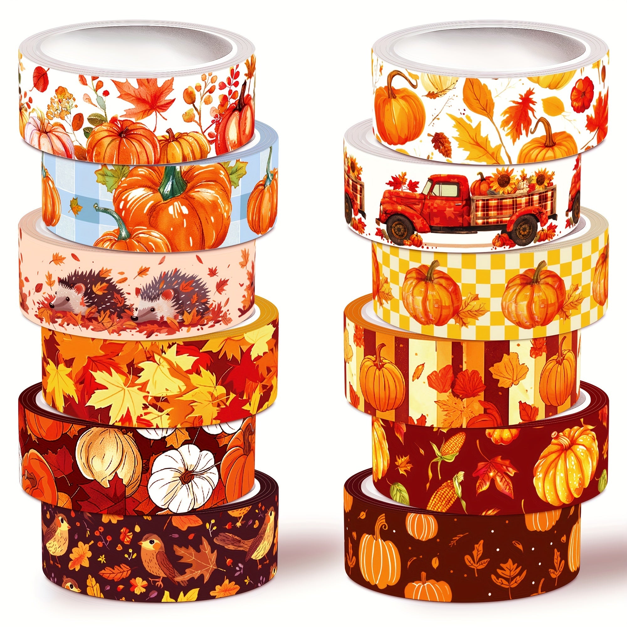 TEMU Autumn Washi Tape Set: 12 Rolls Of , Pumpkins, , And A Checkered Tractor Design - Crafting, Journaling, And Gift Wrapping
