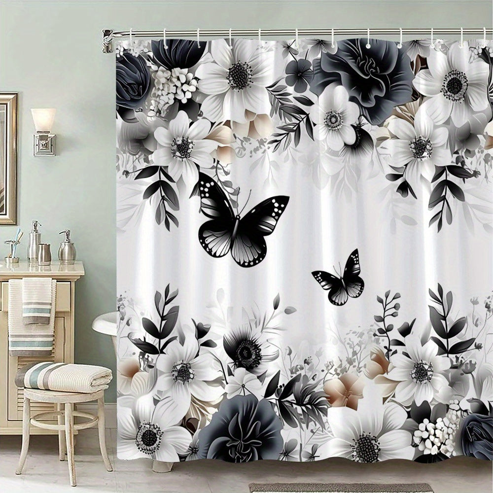 TEMU Polyester Shower Curtain | Black & White Floral And With Roses, Lilies, Daisies | Machine Washable | Includes 12 Hooks | Elegant Bathroom Decor,
