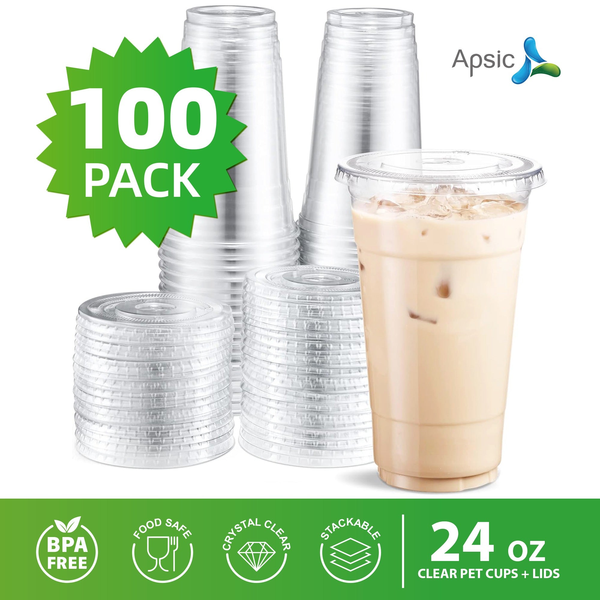 TEMU [24oz 100 Set] Clear Plastic Cups With Flat Lids, Apsic Disposable Pet Cups - Ideal For Iced Coffee, Smoothie, Milkshake, Juice, Drinks And Cold