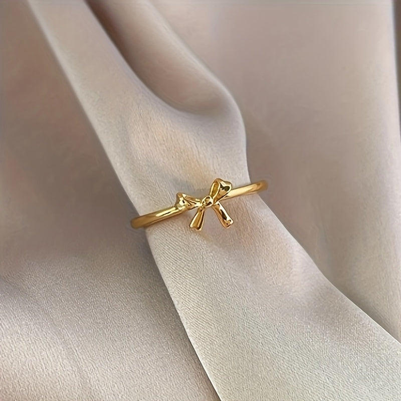 TEMU Chic Adjustable Golden-tone Ballet Bow Ring For Women - Versatile & Elegant, Casual Attire Or Gifting