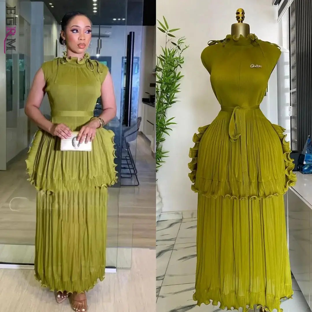 2025 Summer New Pleated Dress Women&#039;s Solid Sleeveless Ruffles Lace Bottom Skirt with Belt Fashion Female Dresses