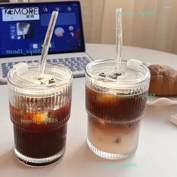 Water Bottles cup 400ml Stripe Glass cups Transparent Glasses With Lid And Straw Ice Coffee Mug Tea Literary sense cups with lid and straw f