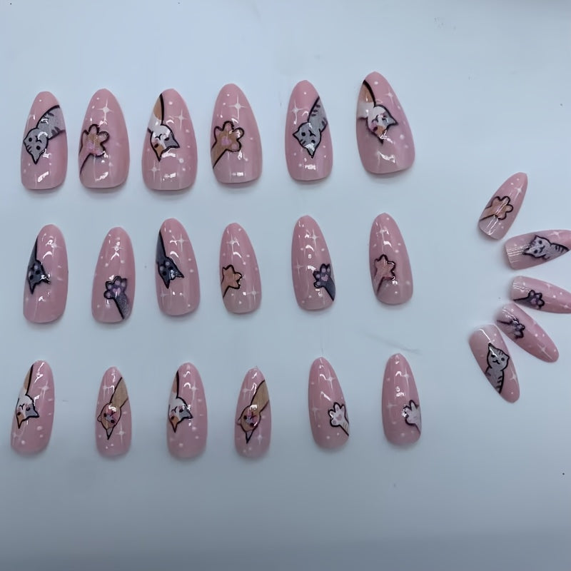 TEMU 24pcs Almond-shaped Press-on Nails, Medium Length, Pink Tones With Adorable Cat Designs, Glossy Finish, Mixed , Animal Pattern Nail Art Set