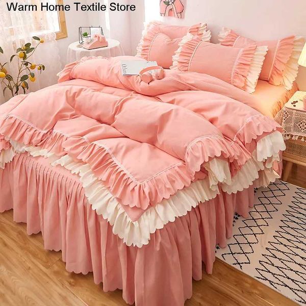 Pink Lace Ruffle Bedding Set Luxury Bed Skirt Sheet Bedspread Korean Duvet Cover Girls Princess Bedspread cases X250203