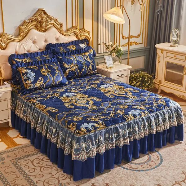 European Quilted Thicken Crystal Skirt 3pcs Warm Plus Veet Bed Sheet Pillowcase Three-piece Bedding for Wedding