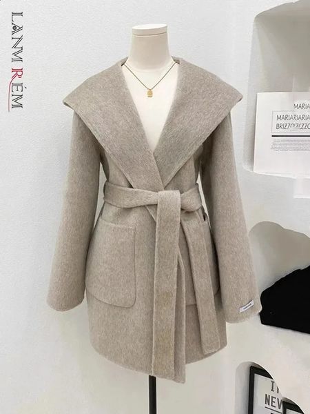 LANMREM Winter Wool Mid Length Coat For Women Lapel Belt Gathered Waist Solid Color Jackets 2024 Clothing 32C1603 250109