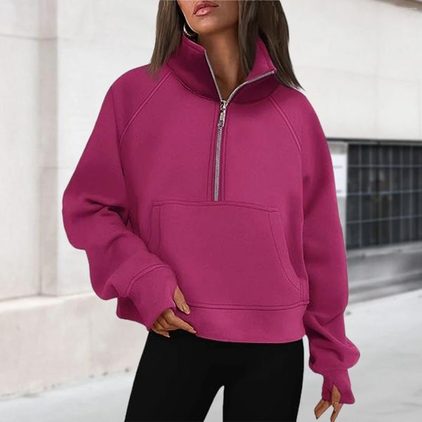 Women&#039;s Hoodies Stand Collar Cropped Pullover Half Zip Women Overzised Hoodie Thumb Hole Long Sleeve Clothes Solid Color Loose Fit Dail