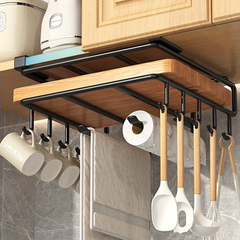 TEMU 1pc Heavy-duty Under Cabinet Organizer - Space-saving Kitchen Cabinet Storage Rack With Utensil Hooks, Paper Towel Holder, Chopping Board Rack -