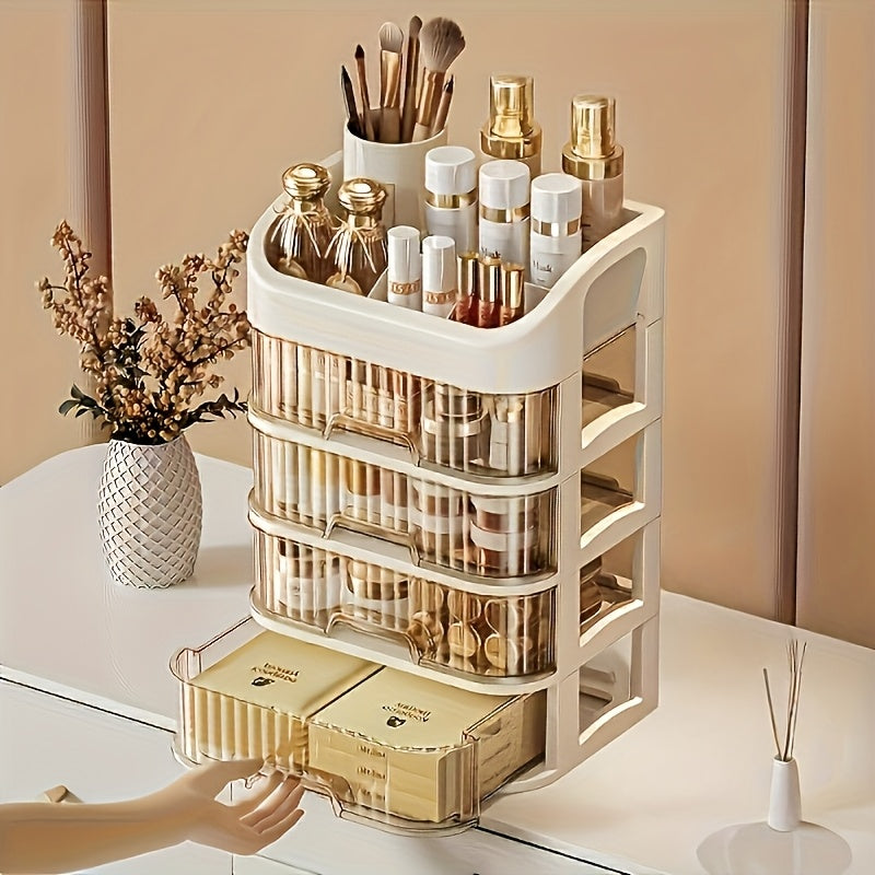 TEMU 5-tier Fashionable Dustproof Cosmetic Organizer - Lightweight Plastic Storage Rack, Suitable For Skincare, Face Masks, And Lipstick | For
