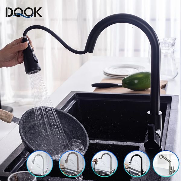 Bathroom Sink Faucets Kitchen Faucet Black Tap Pull Out Mixer Brushed Nickle Stream Sprayer Head Chrome Water 230504