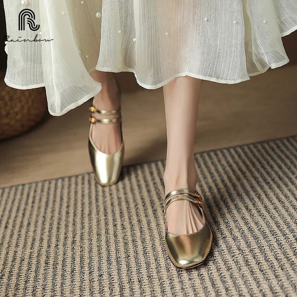 RAINBOW Size 3440 Women Shoes Retro Flat Mary Jane Ballet Real Leather Low Heels Bridal Wedding dress Sliver Gold 250114