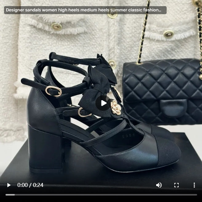 Designer sandals women high heels medium heels summer classic fashion bow strap 7cm genuine leather thick heel sandals luxury designer Dress shoes s