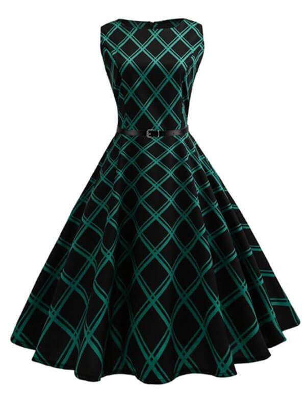 Vintage Plaid 1950s Swing Dress with Belt - Dark Green-S