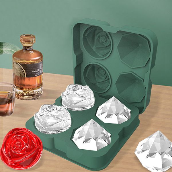 Ice Cream Tools Rose Diamond Shape Cube Mold 3D Big Silicone Whisky Wine Cool Down Maker With Lid EasyRelease Freezer Tray Kitchen Tool 2304