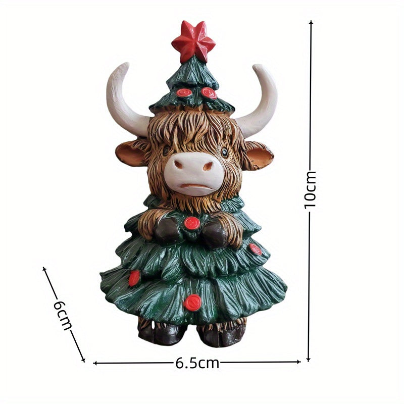 TEMU 1pc Handmade Resin Highland Cow Desktop Statue With - Festive Red Berries & Decor, Indoor-outdoor Holiday Decoration For Halloween & Christmas,