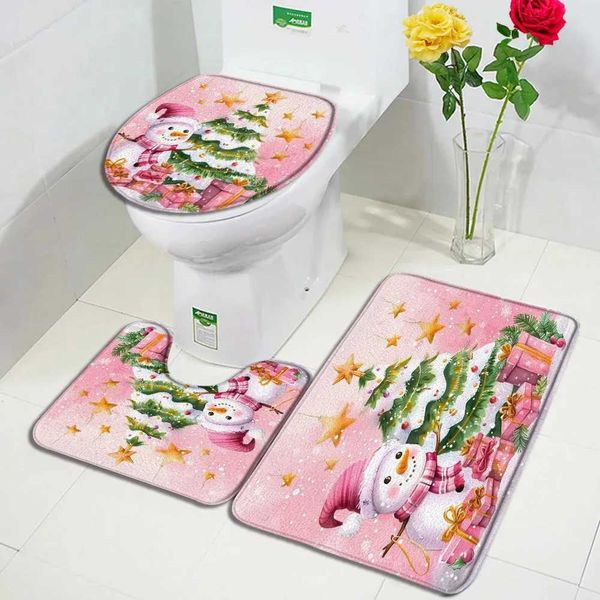 Cute Snowman Bath Mat Set Christmas Tree Gift Winter Pink Home Carpet Flannel Bathroom Decor Floor Carpet Toilet Lid M240829