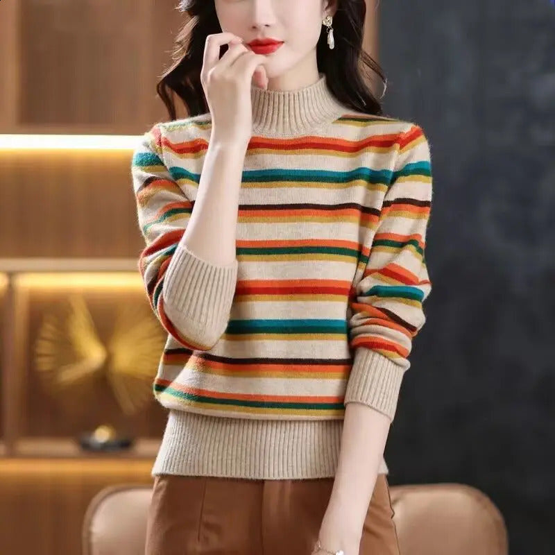 Lion Mountain Rainbow Winter Womens Half High Collar Long Sleeve Striped Sweater Colored and Velvet Fit Comfortable Top 240912