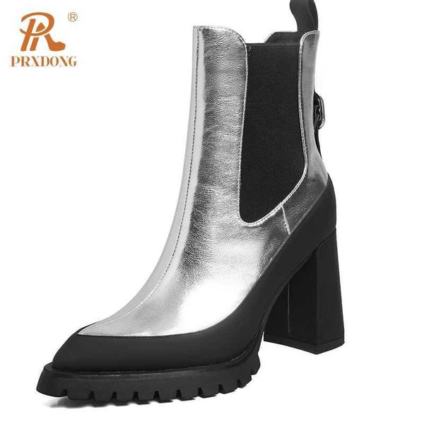 Boots DONG Genuine Leather Autumn Warm Ankle Boots Chunky High Heels Platform Black Silver Dress Party Lady Shoes Size 34-39 J240920