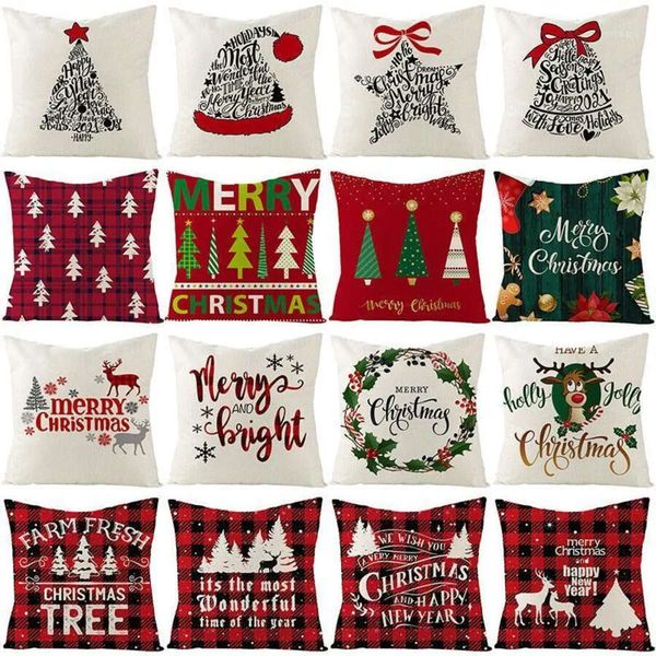 Pillow Cushion-Decorative Christmas Tree Decorative Pillowcase Red Plaid Cushion Cover 45X45 Letter En Pillowcover Sofa Cushions Yea Case Co