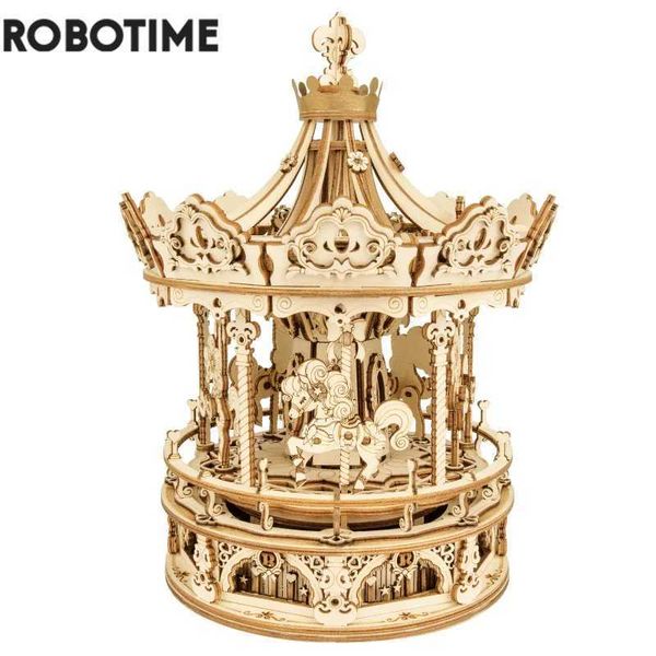 Robotime 3D Wooden Puzzle 336pcs Rotatable DIY Romantic Carousel Game Gift for Children Kids Adult AMK62 Assembly Music Box Toy W250117