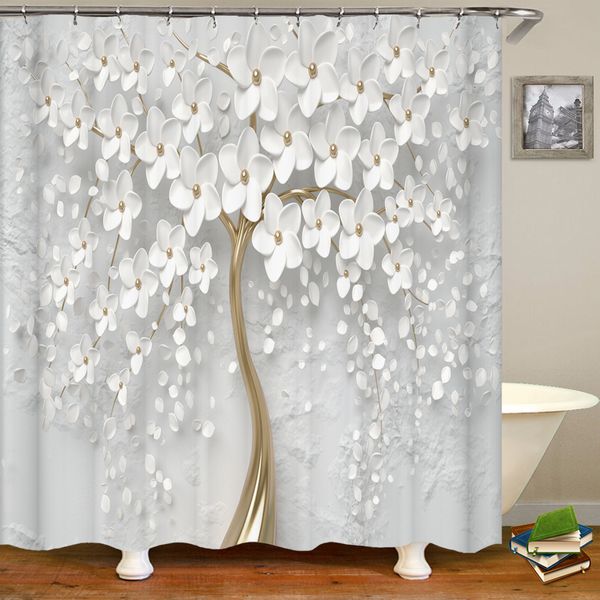 Shower Curtains 3D Beautiful Flower Tree Printing Bathroom Curtain Polyester Waterproof Belt Hook Home Decoration Shower Curtain 230406
