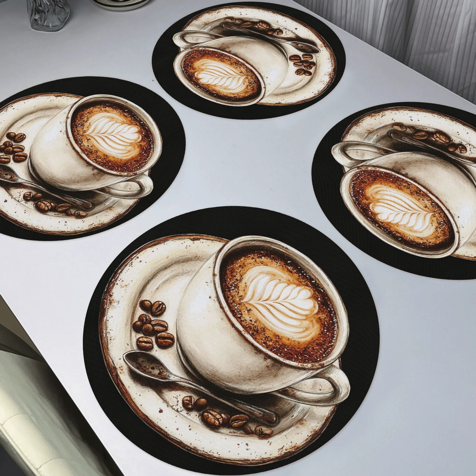 TEMU 4-pack Coffee-themed Placemats - Realistic Latte Art Design, Heat-resistant & Anti-slip Polyester Table Mats, 15x15 Inch Round, Hand Wash Only,