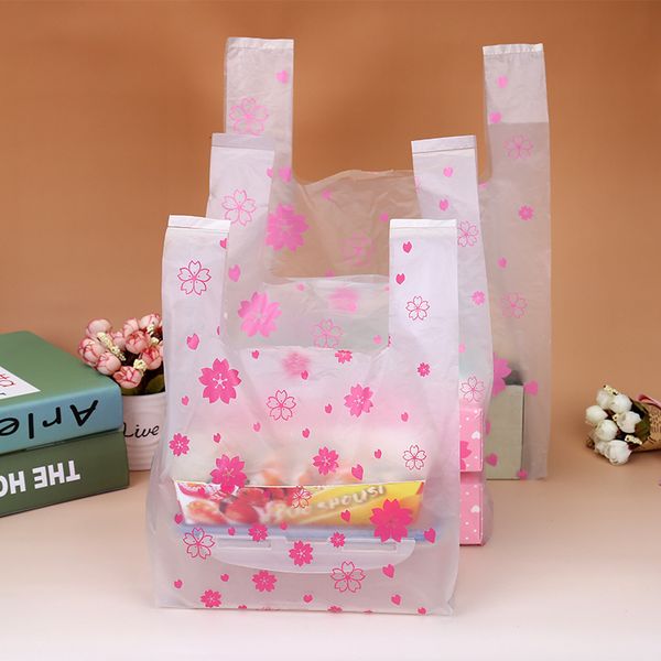 Gift Wrap 100Pcs-bag Supermarket Shopping Plastic Bag Pink Sakura Vest Bag Gift Cosmetics Food Packaging Bag Candy Bag 230804